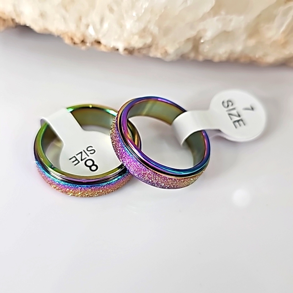 Titanium Stainless Steel ✦ Rainbow Sandblasted Anxiety Spinner Ring Unisex 11 - Picture 3 of 14